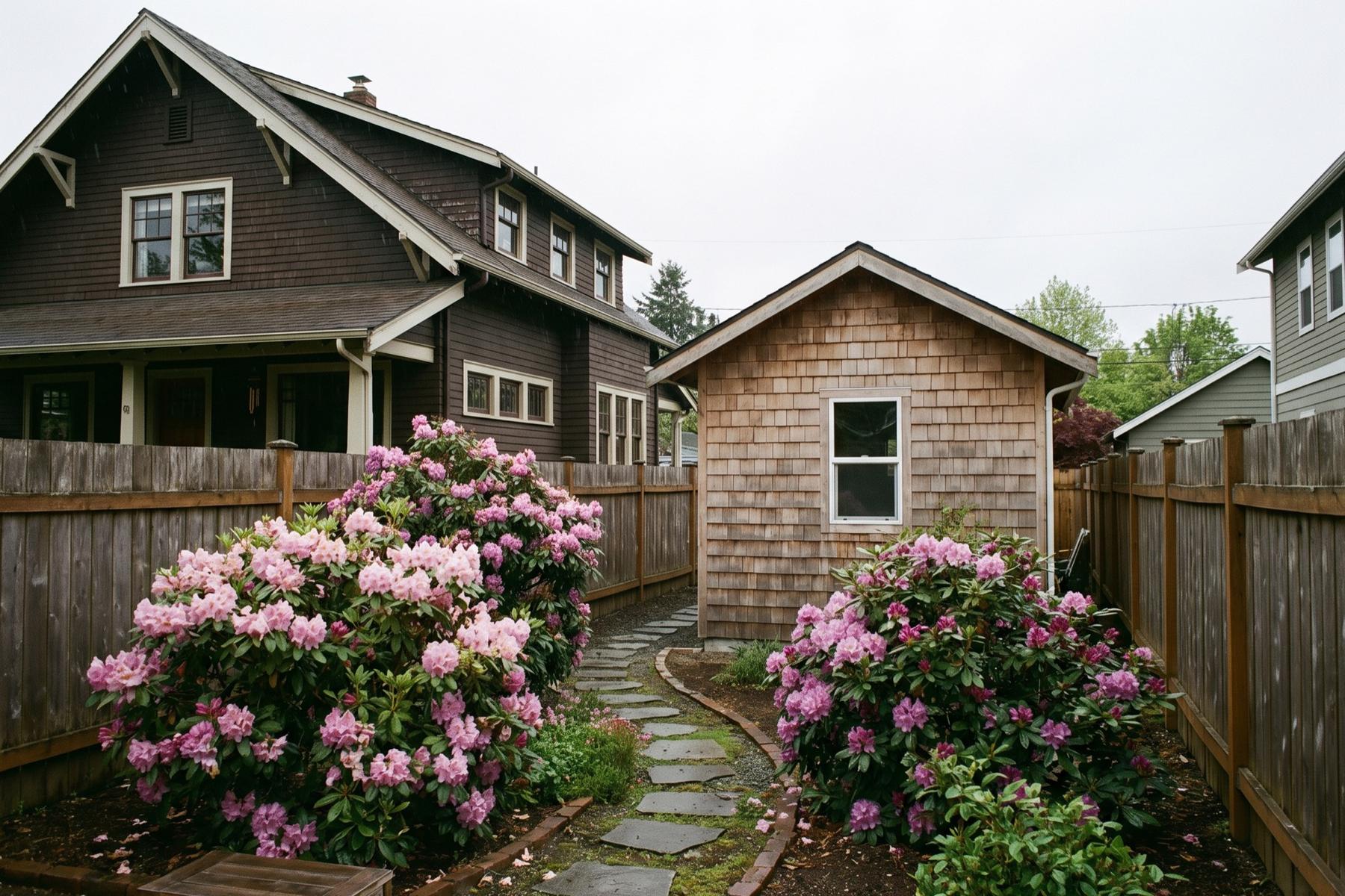 A small cedar-shingled backyard cottage behind an older two-story craftsman house, with a stone path and flowering rhododendrons between them