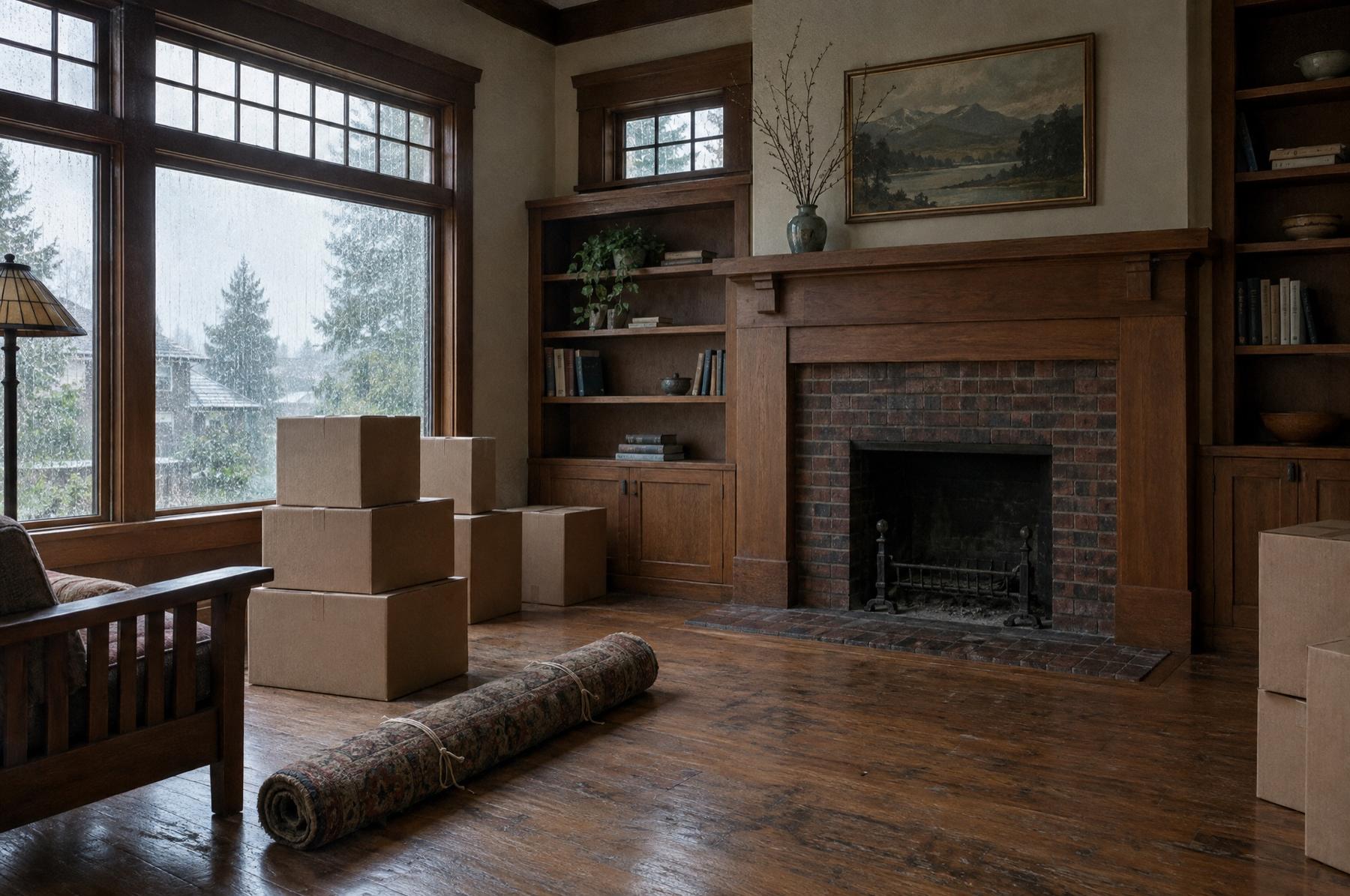 Plain cardboard boxes and a rolled rug on the wood floor of a craftsman living room with built-in bookshelves, a brick fireplace and rain on the windows