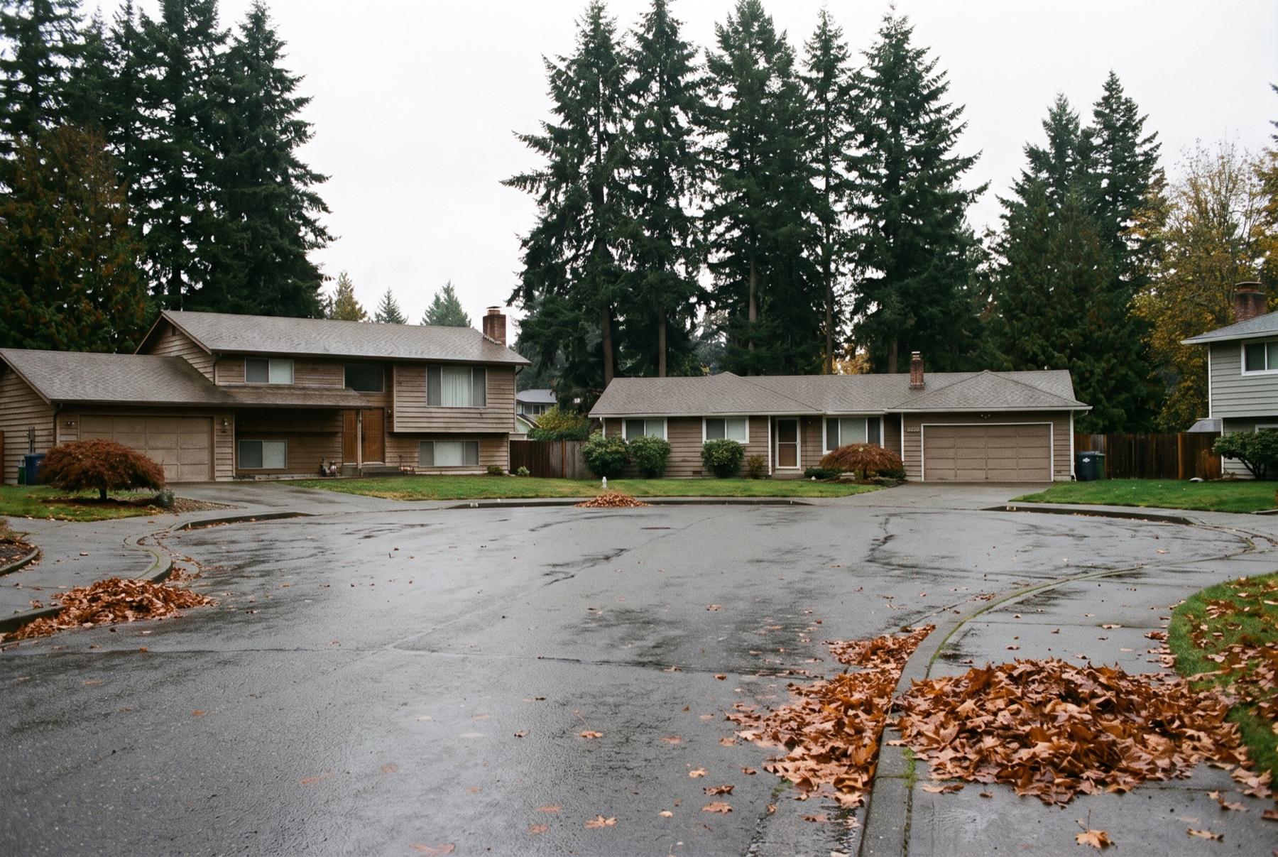 Split-level and rambler houses from the 1970s around a rain-wet cul-de-sac with tall Douglas firs behind them on an overcast autumn afternoon