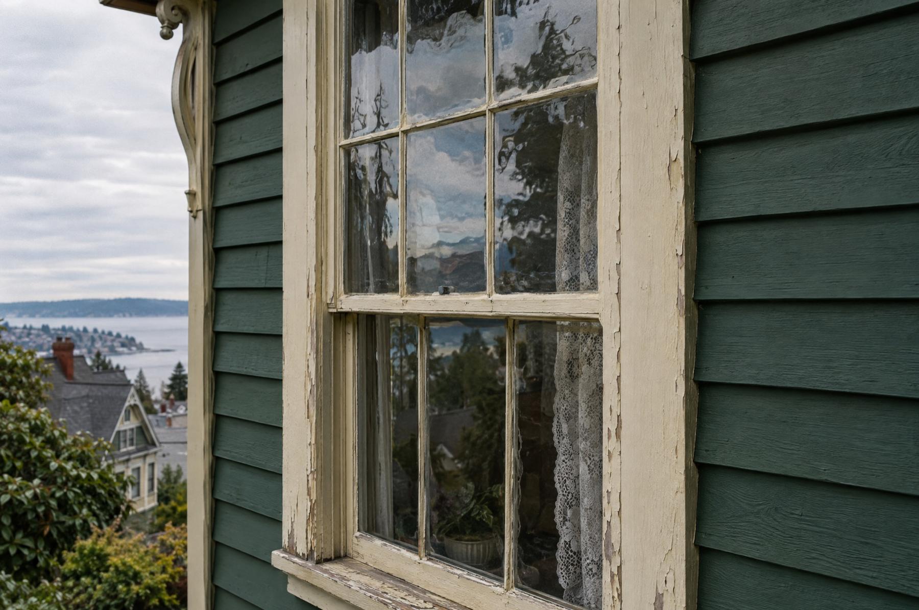 Old wood double-hung window with wavy glass and peeling cream trim in green clapboard siding on a Victorian house, with rooftops and the bay beyond