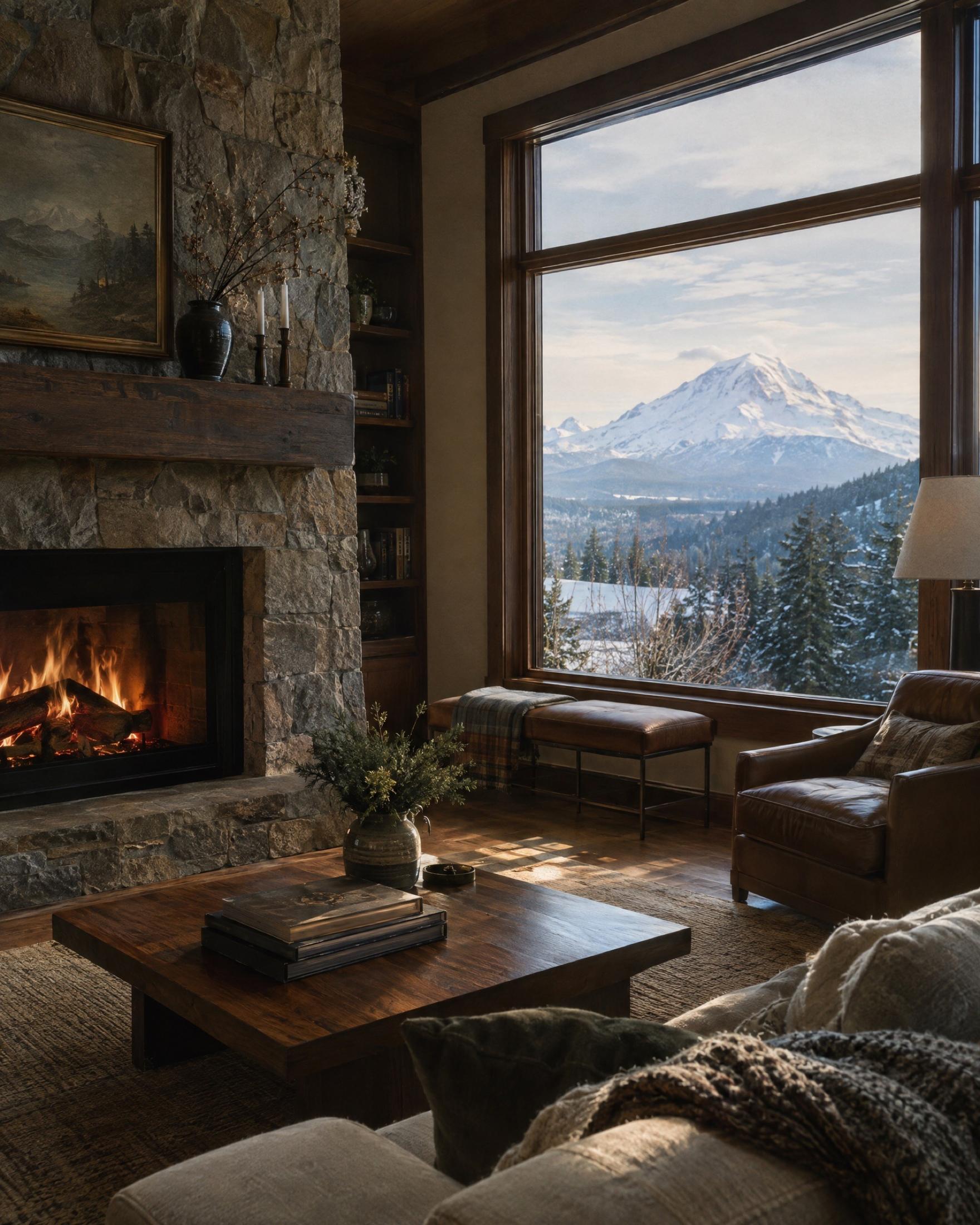 Living room with a lit stone fireplace, a leather armchair, and a tall window framing snow-covered Mount Rainier on a winter afternoon
