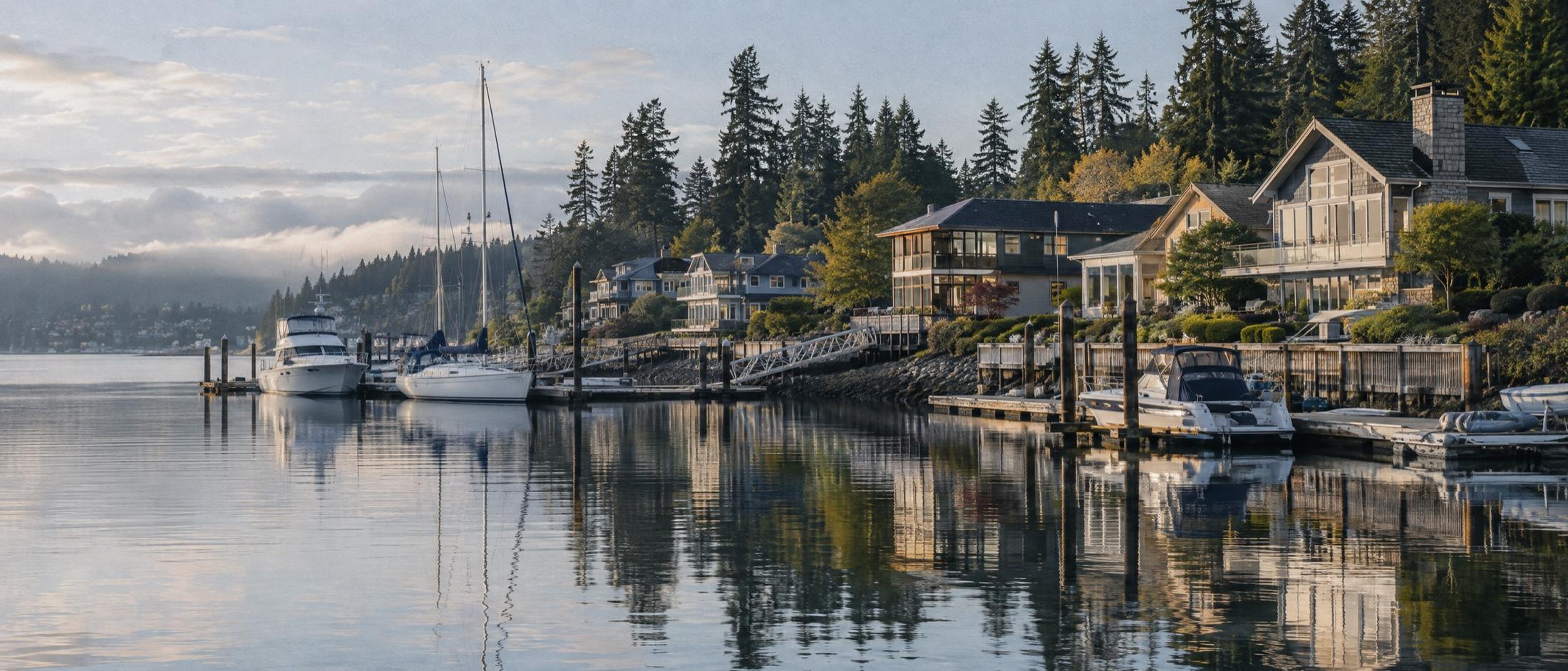 Waterfront homes among tall evergreens above a marina in Gig Harbor, with a sailboat and motor yachts reflected in calm morning water