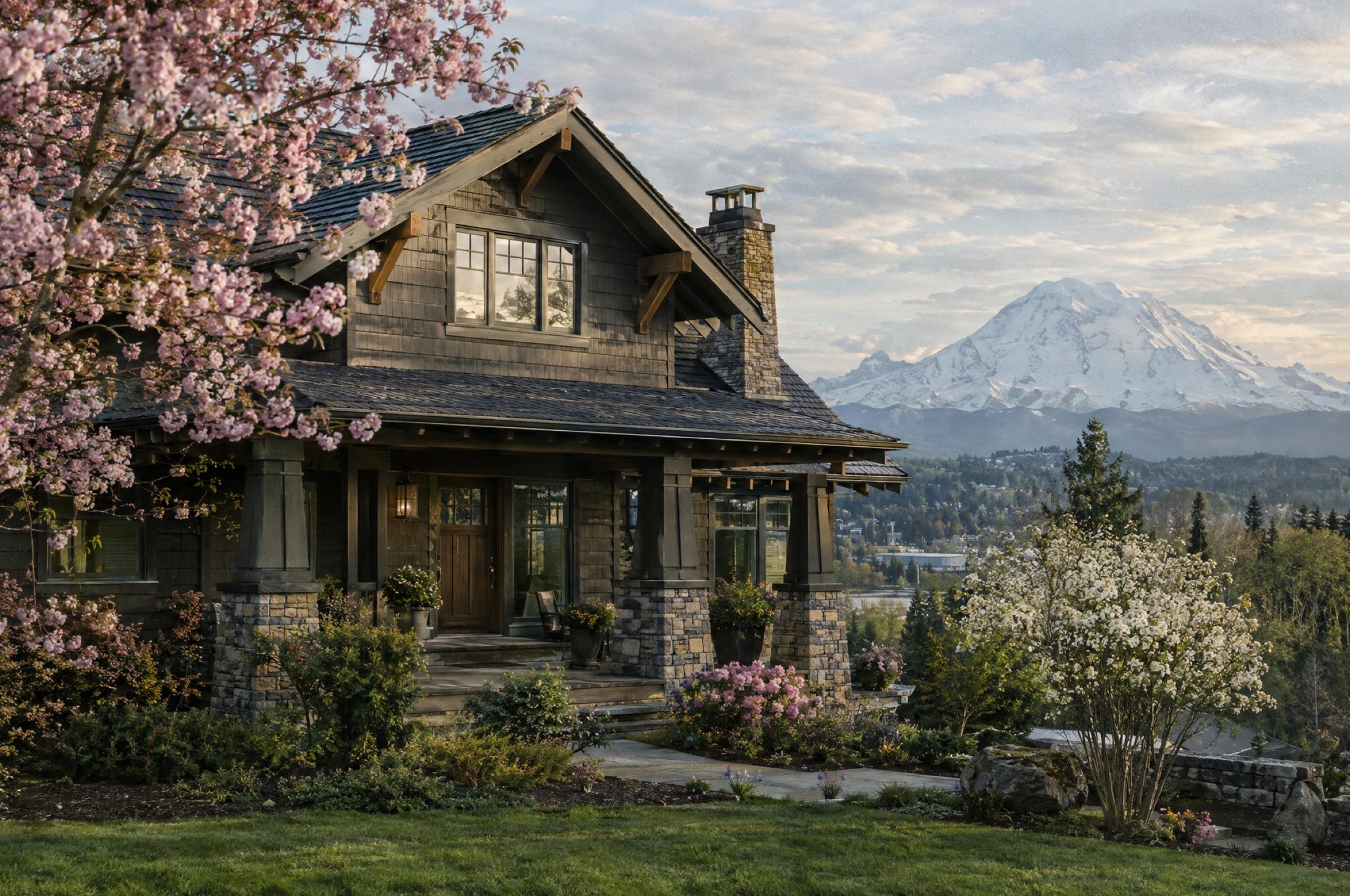 Dark-shingled craftsman house with stone-based porch columns and a flowering cherry tree in spring, with snow-covered Mount Rainier in the distance