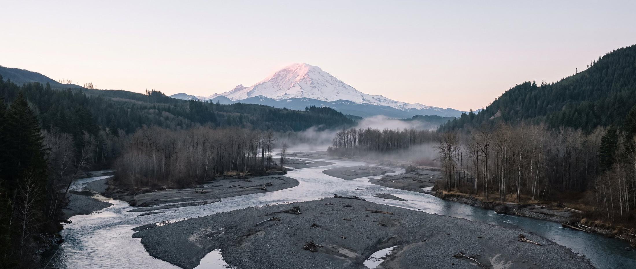 The Puyallup River braiding across wide gravel bars between bare cottonwoods and dark evergreen hills, with Mount Rainier pink at dawn upstream and mist on the water