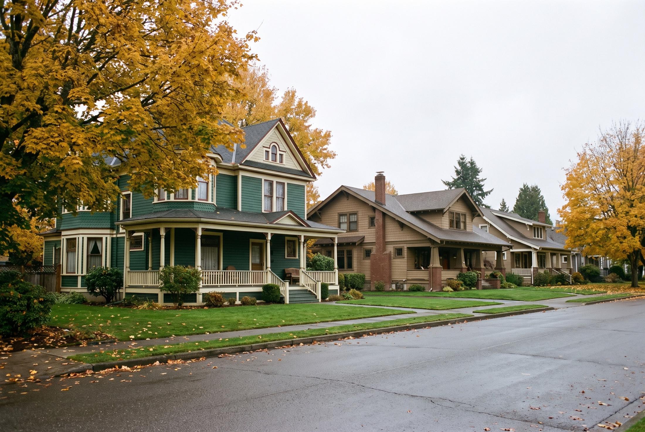Quiet residential street of older homes in Puyallup: a green Victorian with a wraparound porch beside craftsman bungalows under yellow autumn maples