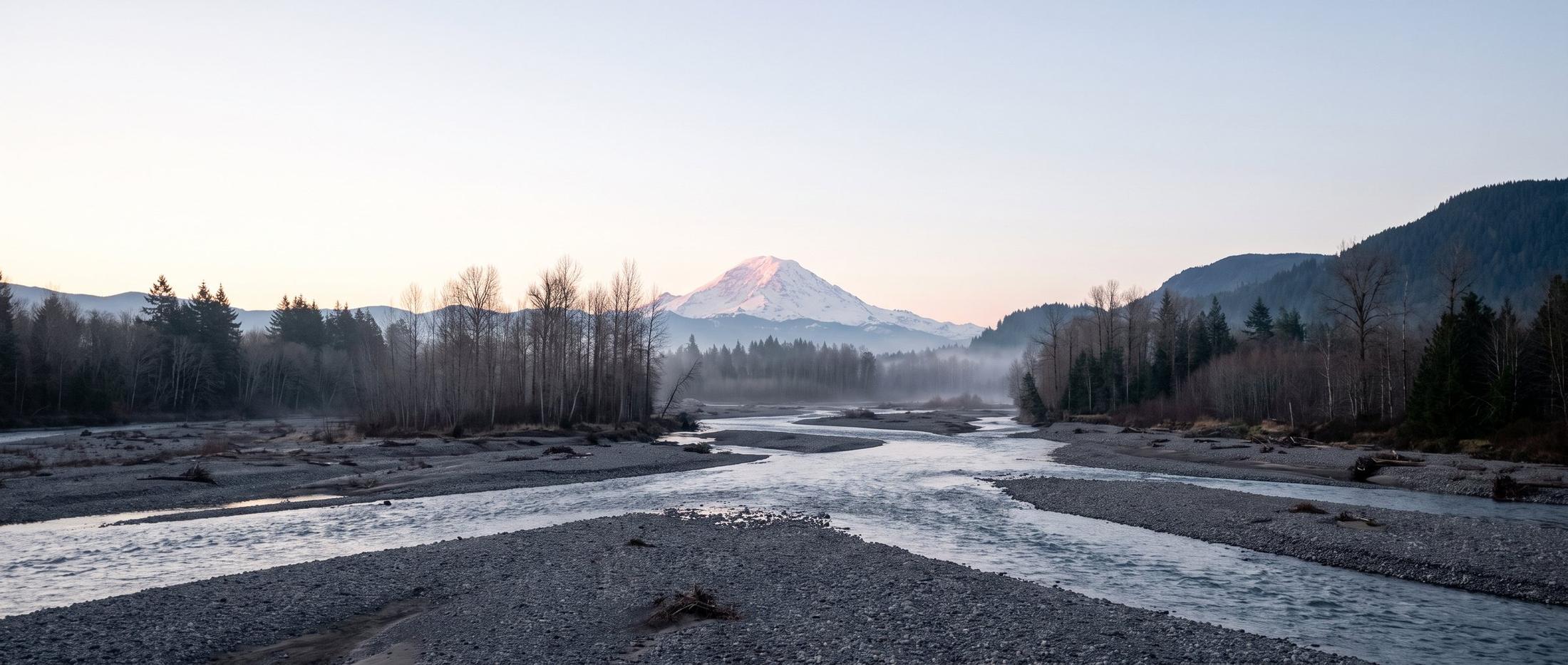 Braided channels of the Puyallup River running between grey gravel bars and leafless cottonwoods, with Mount Rainier catching first light at the head of the valley